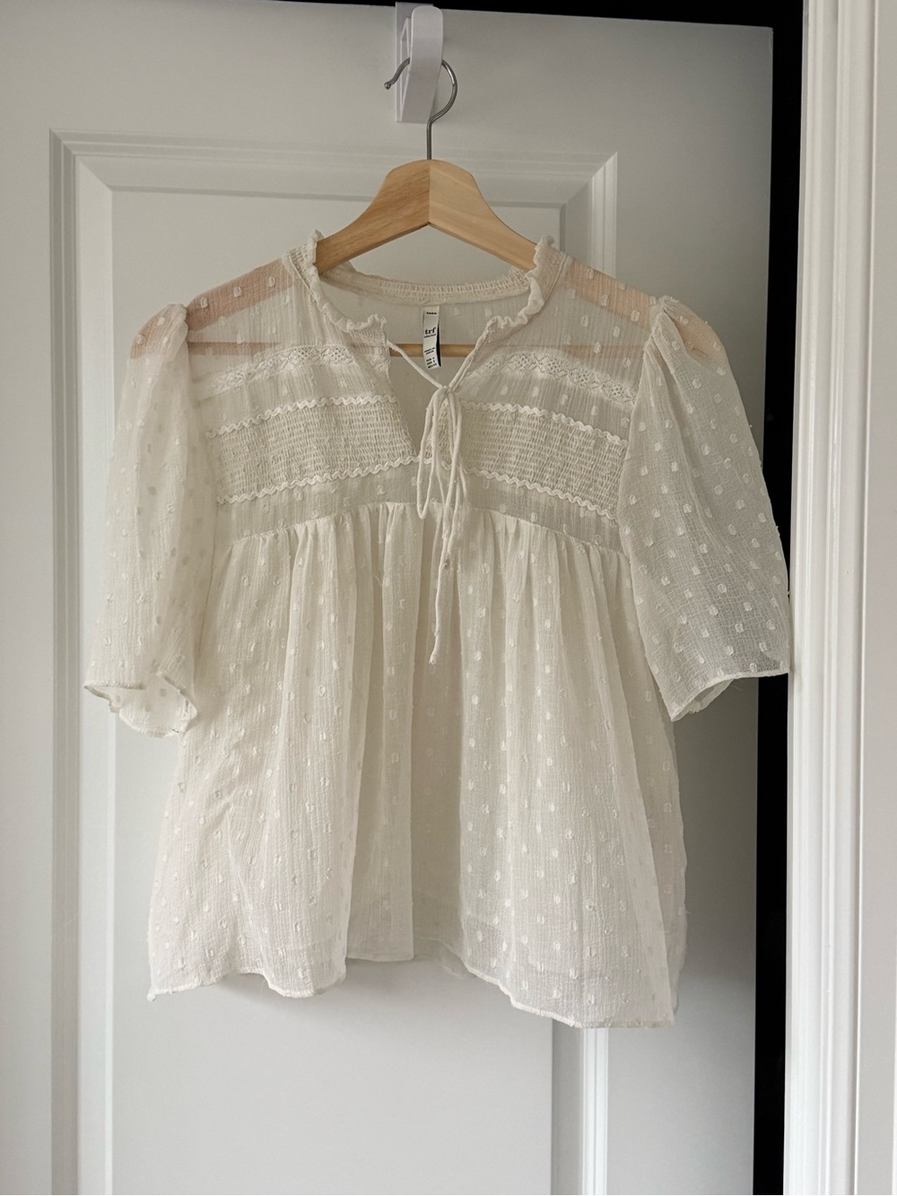 Zara Cream Swiss Dot Peasant Blouse